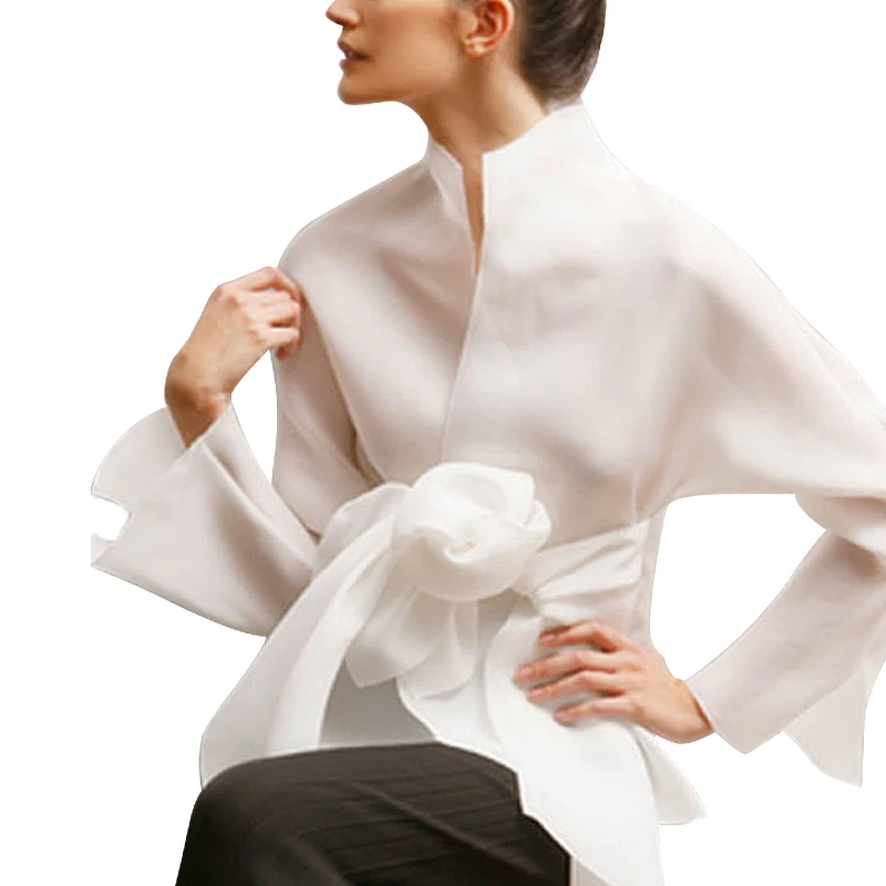

100% Silk Shirts Women Ogen Long Sleeve Blouse 2019 High-end Custom Sashes Shirts for Women Stand Collar Ladies Tops