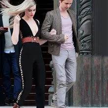 Модный черный глубокий v-образный вырез сбоку Крест шнуровка сексуальный комбинезон из искусственной шелки с лентачками