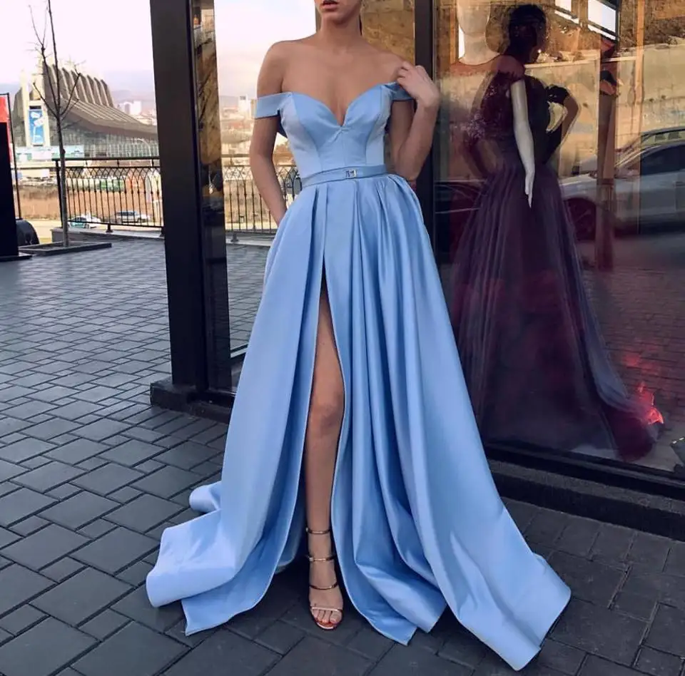 

Sweetheart A-Line Evening Dress with Slit Pockets Off the Shoulder Satin Yellow vestido de fiesta Long Party Dresses 2019