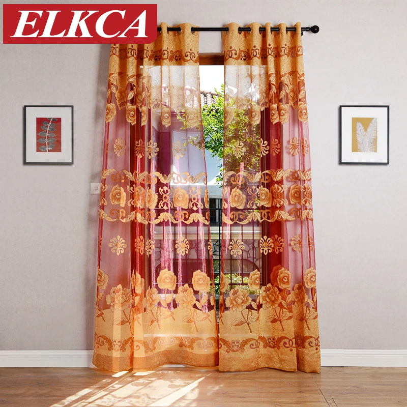 Rose Red Light Blue Flower Cotton Yarn Curtain Embroidered