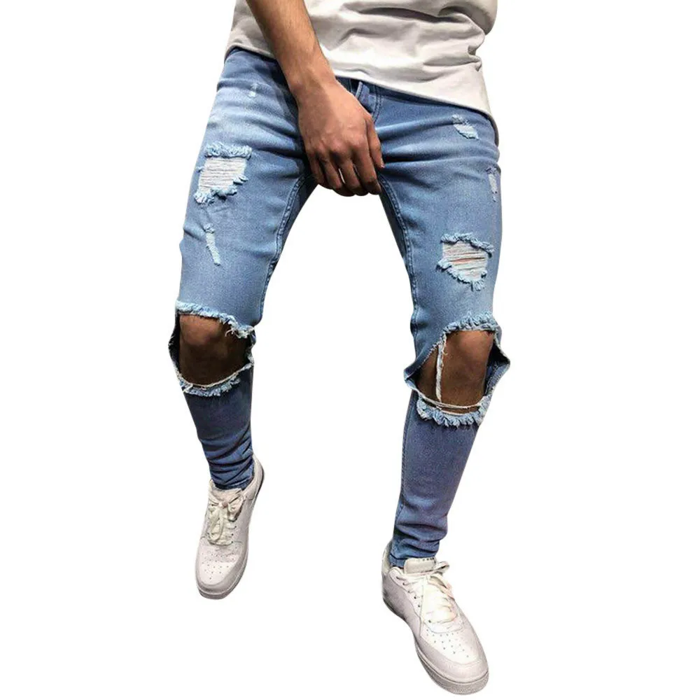 Jogging Trousers For Men Mens Skinny Stretch Denim Pants Distressed Ripped Freyed Slim Fit Jeans Trousers Man Pants Outdoor