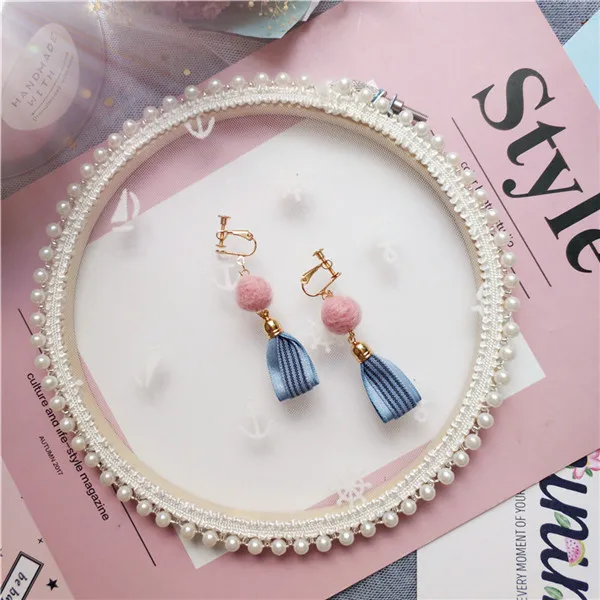 Корейский Япония милый розовый синий бантик принцесса девушки клипсы для женщин Висячие серьги ручной работы модные Jewelry-JQDPER424D5 - Metal Color: 10