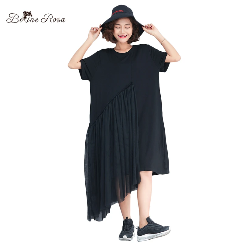 

BelineRosa 2018 Summer Women Clothing Casual Black Irregular Mesh Short Sleeve Long T-shirts Female Women TYW00718