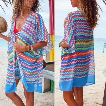 

Womens Kaftan Summer Kimono Cardigan Cover Up Blouses Female Holiday Beach Wear Sun Protection Tops Sheer Chiffon Cover-Ups