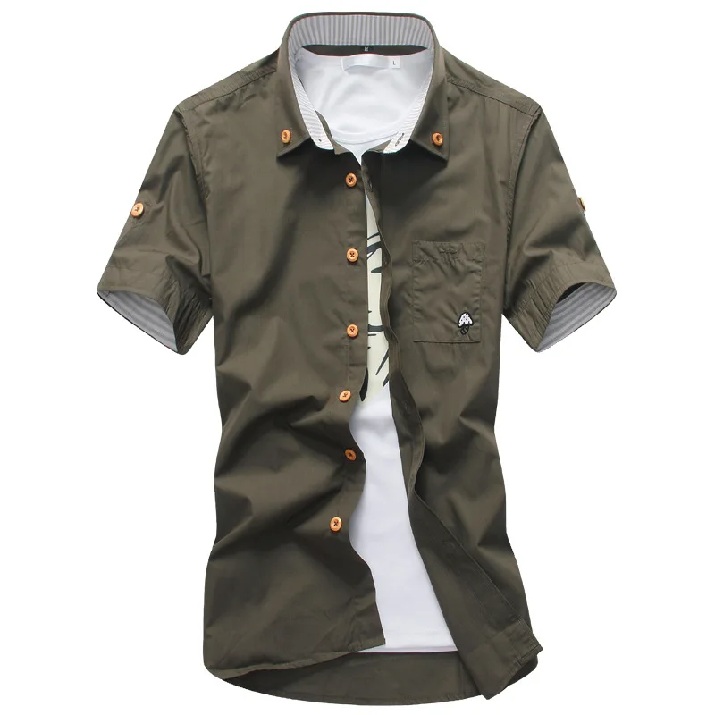 Размер 5xl Грибная вышивка мужские повседневные рубашки с коротким рукавом Мода новые летние хлопковые рубашки для мужчин - Цвет: Армейский зеленый