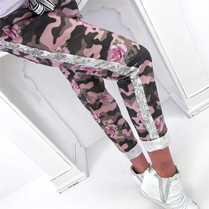 Fashion Womens Pants 2018 New Arrival Comfortable Sequins Camouflage Print Bandage Patchwork Mid Waist Long Pants Trousers F#J12 (16)