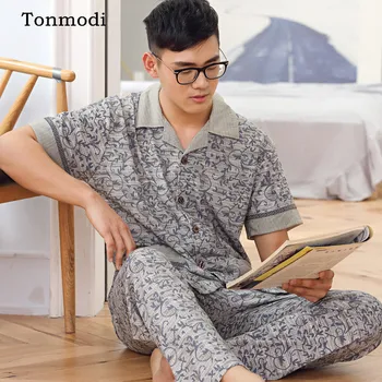

Pajamas For Men Summer Short Sleeve Cotton Sleepwear Mens Pyjamas Trousers Men's Sleep Lounge Pajama Set 4XL