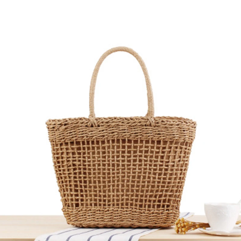 

FGGS-Casual Simple And Generous No Decorative Plain Color Net Hollow Textured Woven Bag Popular Straw Bag Handbags 37X25Cm(Wit