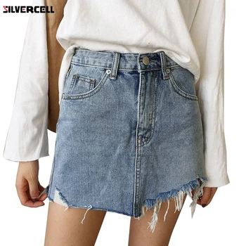 

Summer Pencil Skirt High Waist Washed Women Skirts Irregular Edges Denim Skirts