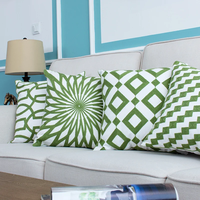 Buy Cotton Embroidered Cushion Cover Green Geometric