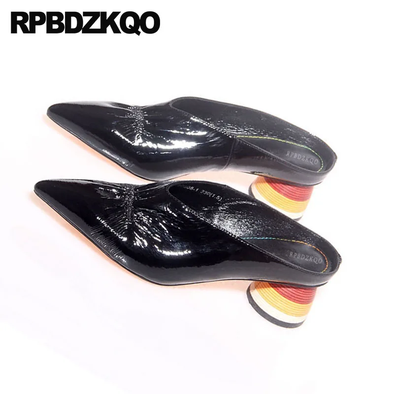 Pompes Sandales jaune Haute Véritable Marque Chunky Pour Noir rouge Bout Verni Femmes Pointu blanc Rouge Noir Moyen En Talons Cuir Mules Pantoufle 2018 Jaune Chaussures ASxqRS0wvf