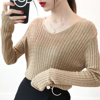 

Pullover Women 2019 New Batwing Sleeve V-Neck Knitted Sweaters Casual Loose Candy Color Twist Pullover Sweaters Bottoming Tops