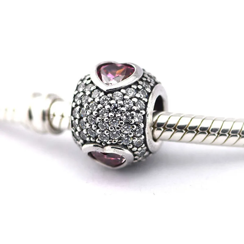 

Fits European Pandora Charms Bracelets Fancy Pink Heart Beads Original 925 Sterling Silver AAA Cubic Zirconia Pave Brand JEWELRY