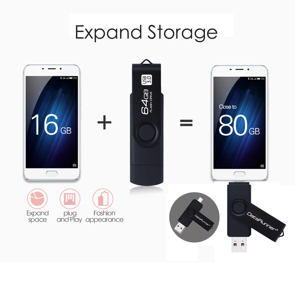 Новый usb накопитель DataRunner 3 0 OTG 128 ГБ Вращающаяся ручка 16 32 64 256 микро USB флешка
