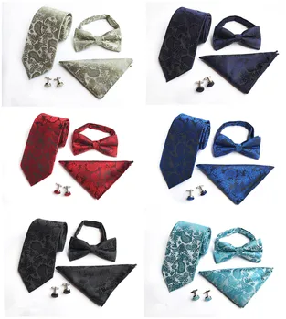 

Fashion Quality Polyester Silk Business Dress Accessories Set Unique Design Business Men's Tie Pocket Towel Cuffs 4 Piece Suit