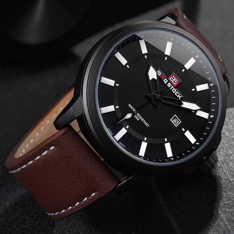 

BAGSTOCK 2018 New Brand Luxury Fashion Watch Man Leather Band Calendar Date Quartz Waterproof Wrist Watch Man Watch Date Clock