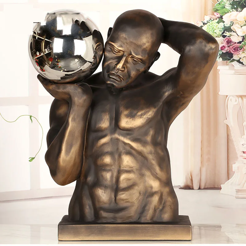 

55cm Creative Strong Athlete Holding A Metal Ball Vintage Statue Home Decor Crafts Room Decoration Objects Office Resin Figurine
