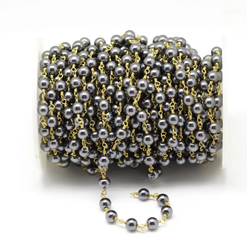 Gun Black Glass Pearl Chains Jewelry Crafts 6mm Smooth Round Beads with Wire Wrapped Brass Links Necklace Bracelet Making DIY | Украшения и