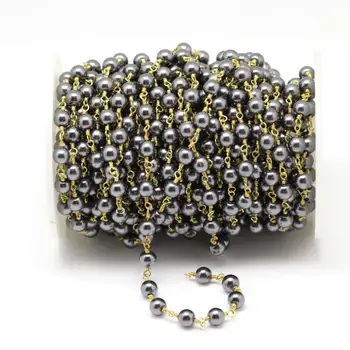 

Gun Black Glass Pearl Chains Jewelry Crafts,6mm,Smooth Round Beads with Wire Wrapped Brass Links Necklace Bracelet Making DIY