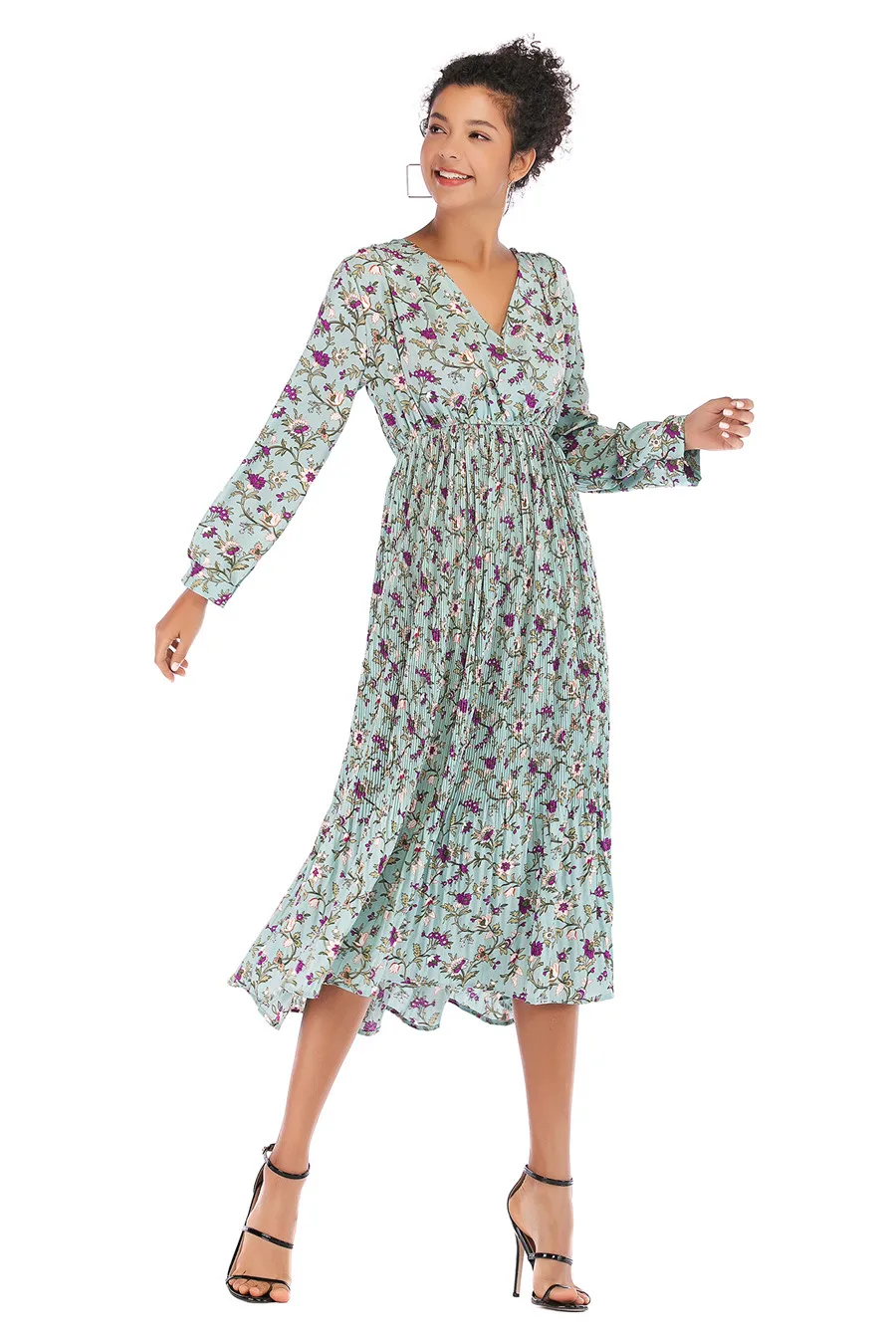 Gladiolus Hot 2018 Autumn Dress Women Long Sleeve V-Neck Sexy Floral Print Tunic Loose Midi Chiffon Dress Women Beach Sundress (15)