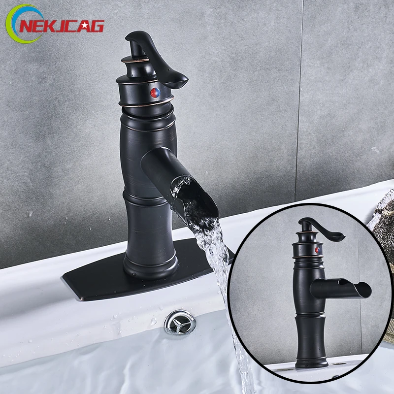 

Bathroom Basin Sink Faucet Deck Mount Waterfall Faucet Hot and Cold Water Mixer Taps with Plate