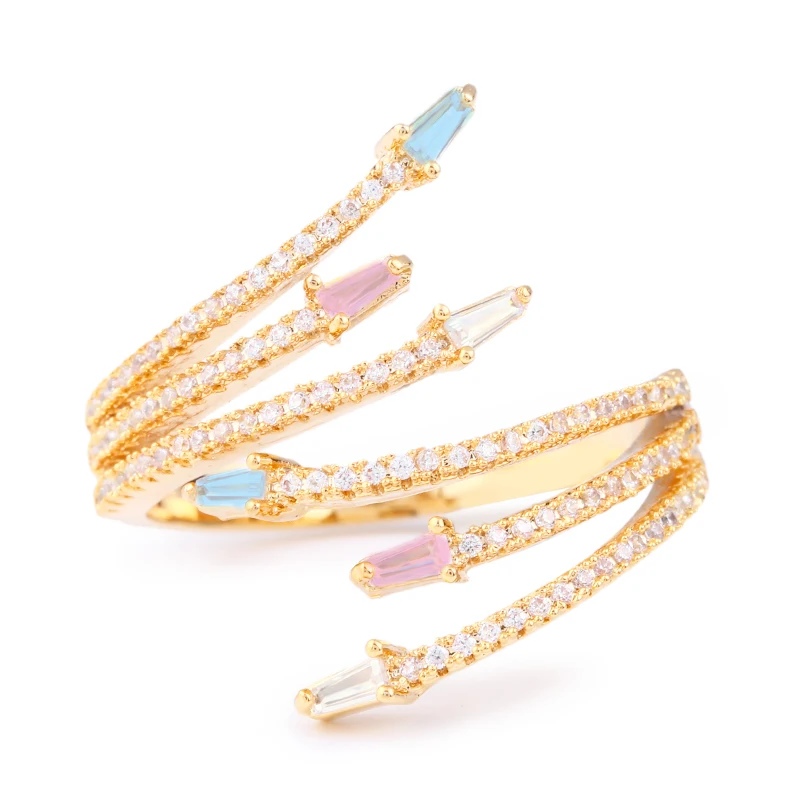 

OCESRIO Luxury Gold Wave Ring Women Open Adjustable Colorful Cubic Zirconia Rings for Women Accessories bague femme rig-f19