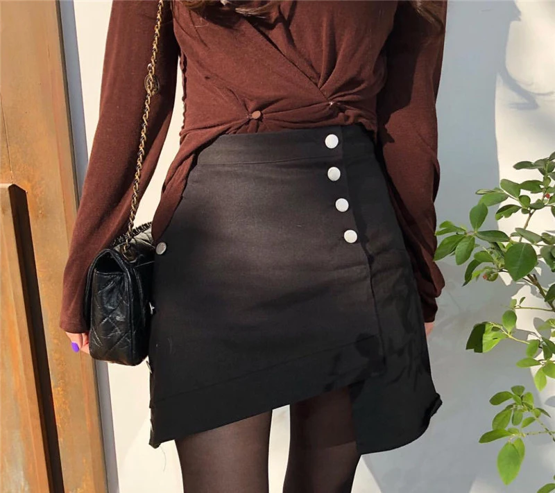 BGTEEVER двубортный черный высокая Талия Джинсовая юбка для женщин мода Асимметричная мини-юбка уличная повседневное