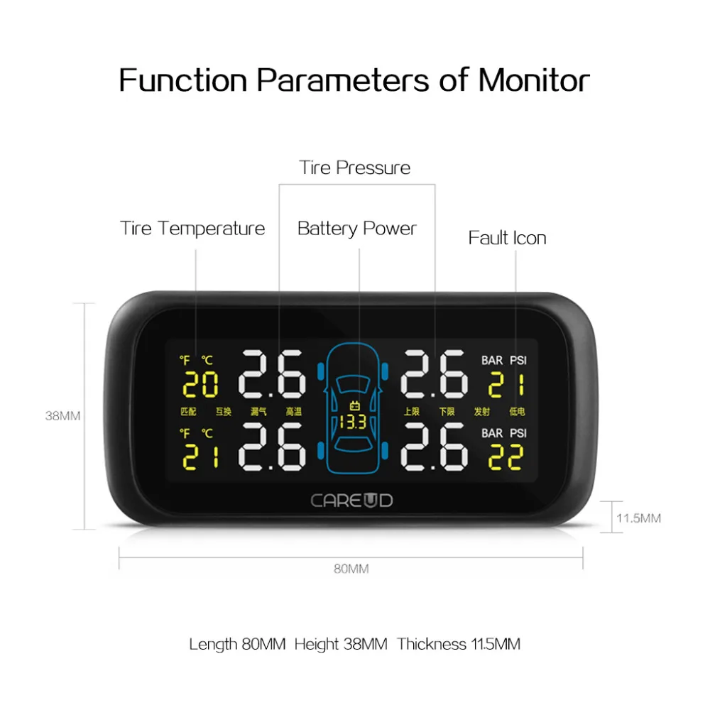 TPMS Автомобильная электроника беспроводная система контроля давления в шинах с внешними сменными датчиками батареи ЖК-дисплей CAREUD U903