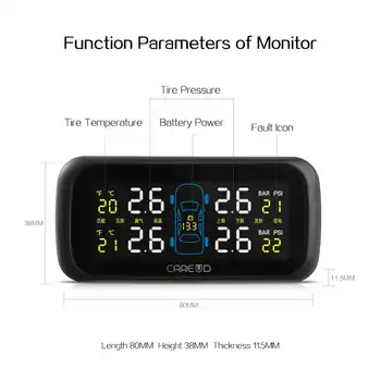 TPMS Car electronics Wireless Tire Pressure Monitoring System with External Replaceable Battery Sensors LCD Display CAREUD U903