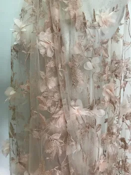 

pink 3D Bridal Lace Fabric Chiffon Blossom Applique Fabric by the yard