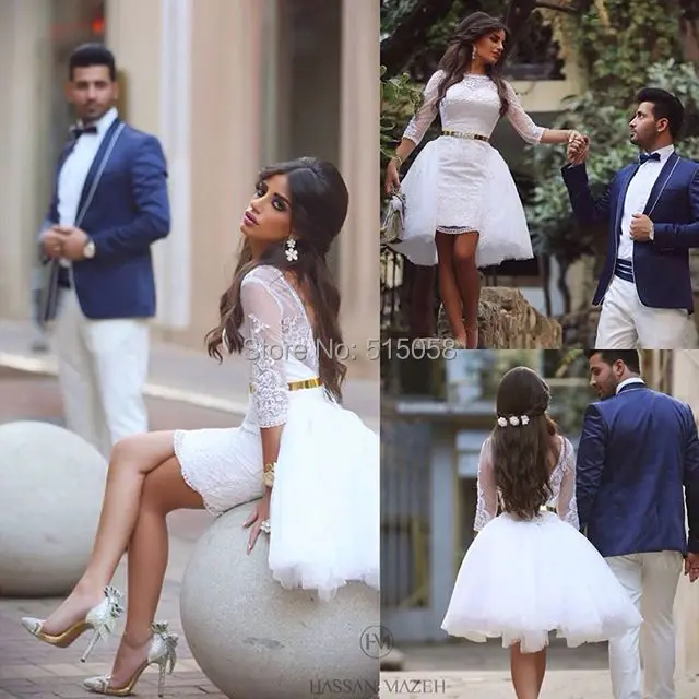 Vintage Lace Sleeves Short Wedding Dresses With Removable Train