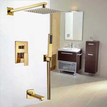 

Brand New Wall Mount 8" Brass Shower Faucet Tub Shower Mixer Tap with Handheld Shower Golden Color