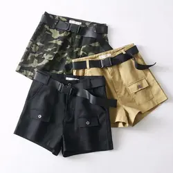 Летние сексуальные шорты с высокой талией женские армейские камуфляжные байкерские шорты ремень для верхней одежды черные хлопковые