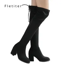 Г. Женские ботфорты из флока пикантная женская обувь на высоком квадратном каблуке со шнуровкой зимние сапоги на плоской подошве теплые брендовые Большие размеры