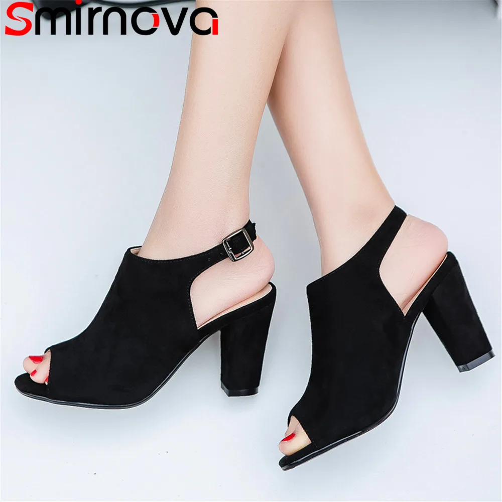 

Smirnova black fashion summer new shoes woman peep toe buckle sandals women big size thick heel flock high heels shoes