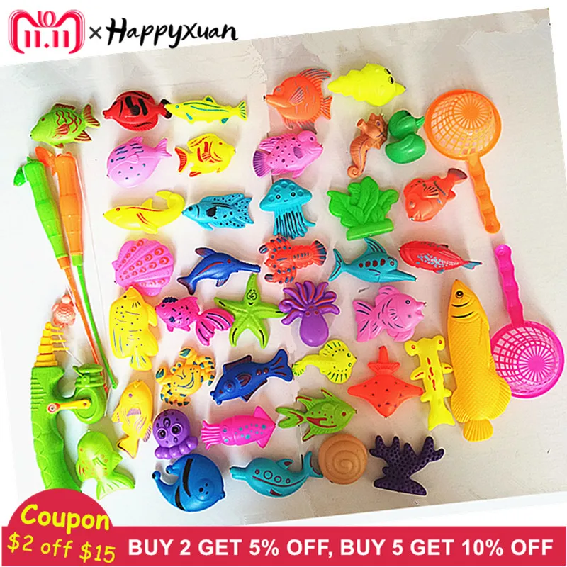 

Happyxuan 45pcs Set Plastic Magnetic Fishing Toys Game Kids 3 Poles 2 Nets 40 Magnet Fish Indoor Outdoor Fun Baby