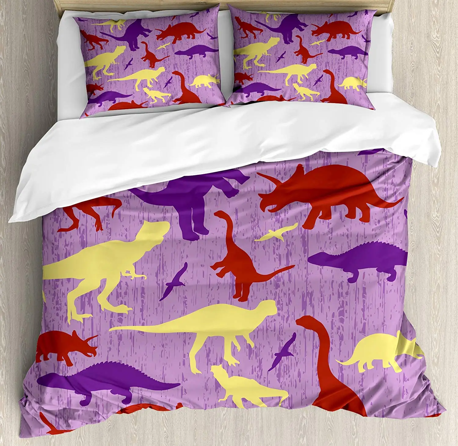

Dinosaur Duvet Cover Set Colorful Animal Silhouettes and Shapes on Grunge Background Decorative 3 Piece Bedding Set