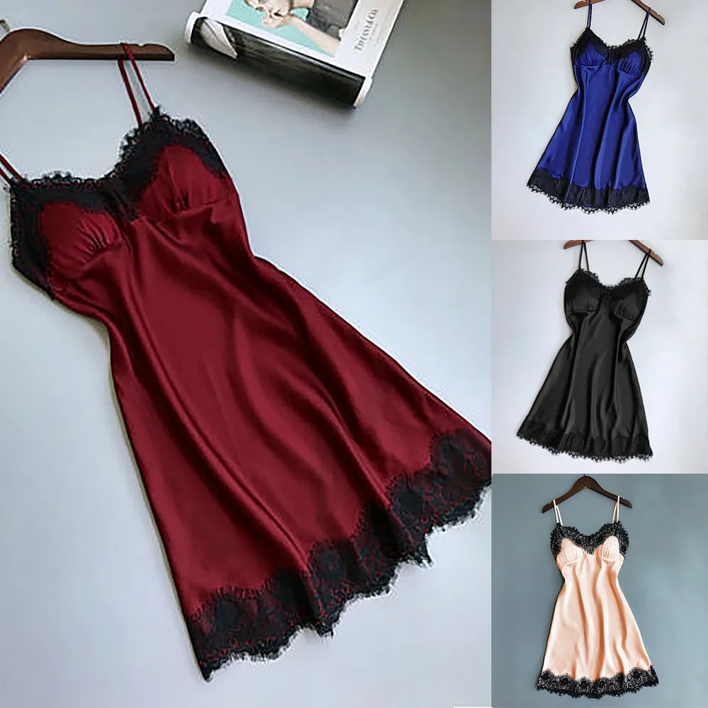 Lace Deep V-neck Nightdress Sexy Lingerie Nightgowns Sleepwear Night Dress Women Sleeveless Nightwear Faux Silk Satin Nightshirt