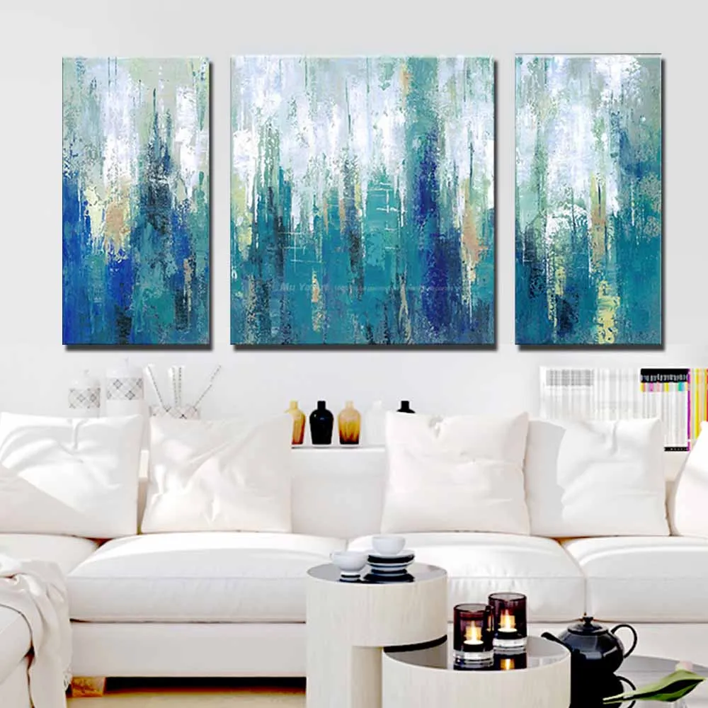 Modern Blue Abstract Handmade Three Panel Canvas Oil Painting - Living Room Home Wall Decor image 5