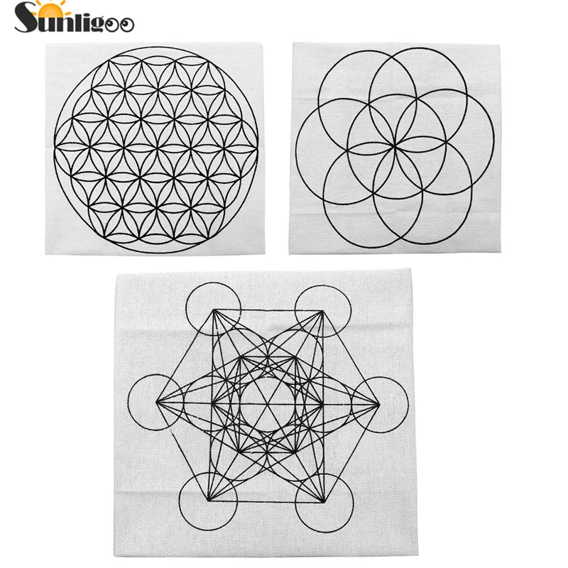 

Sunligoo New 1pc Printed Flower of Life/Metatron's Cube/Seed of Life Sacred Geometry Crystal Grids Altar Cloth For Stones Decor