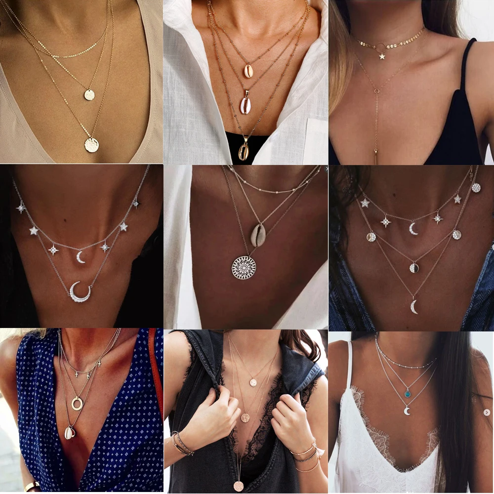 

Fashion Gold Star Moon Shell Pendant Necklace Seashell Choker Necklaces Multiple Layers Statement Beach Jewelry for Women Girl