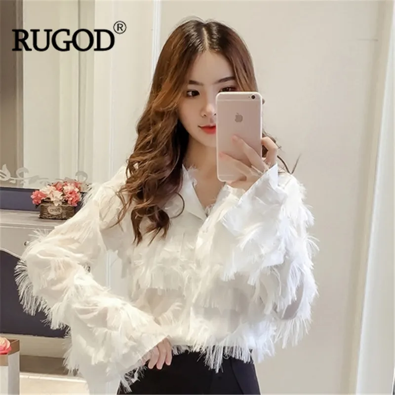 

RUGOD New Feather Tassel White Blouse Women Spring Summer Long Flare Sleeve Blouse Women 2018 Female Blusas Office Lady Shirts