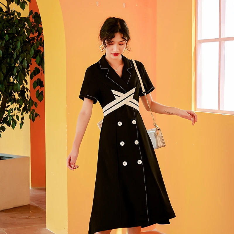 

SHENGPALAE 2019 New Summer Spring Korean Fashion Vestidos Patchwork Black High Waist Buttons Vintage Tide Women Dress FQ016