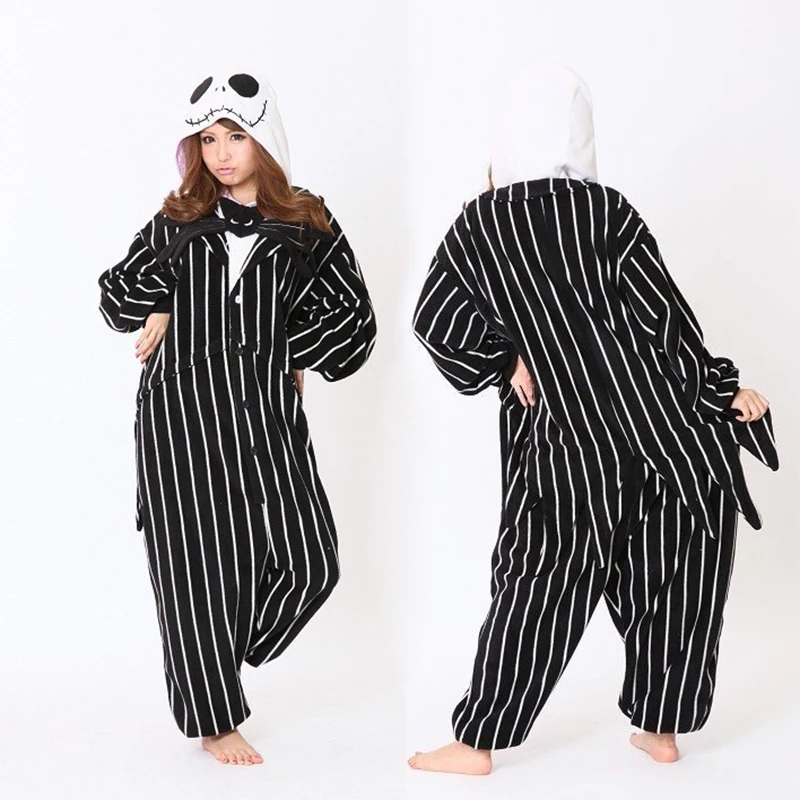 

Hot Jack Skellington Skeleton Pajamas Onesie Skull Cosplay Costume Unisex Adult Winter Sleepwear Halloween Costume Party Dress