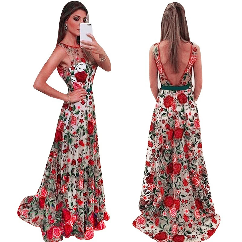 

Red flower embroidered long maxi dress Women back v embroidery mesh dresses Elegant sleeveless ladies party dress Robe vestidos