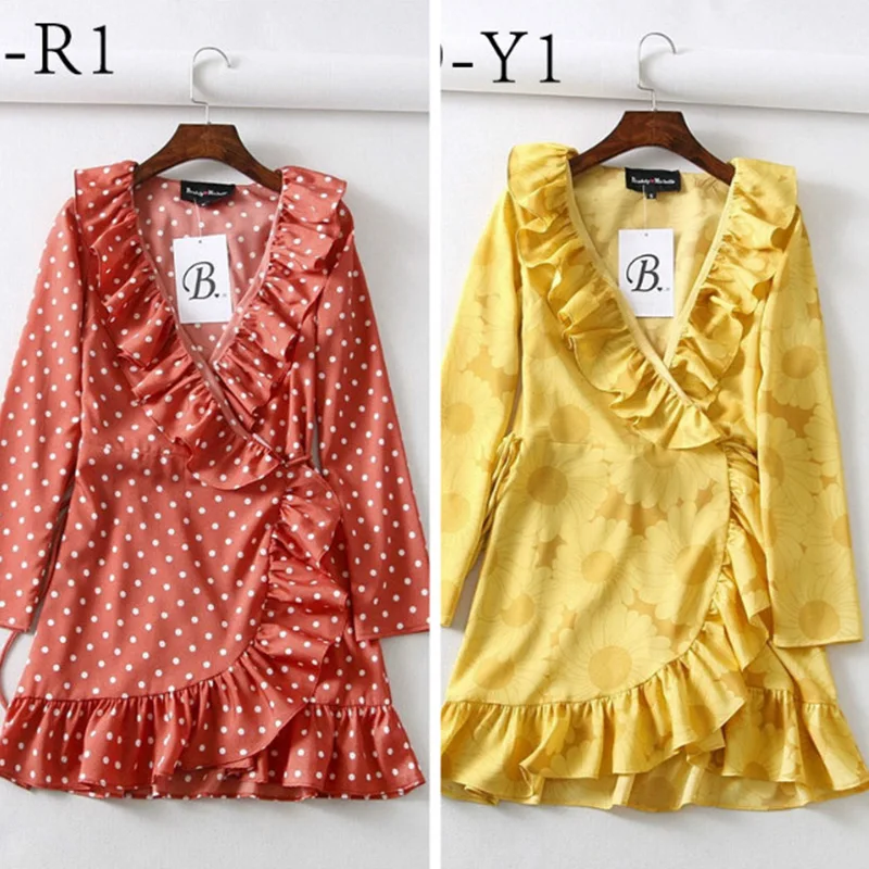 

2018 summer spring women vintage wrap one-piece dress loose V Neck female print dot striped vestidos casual sashes ladies dress