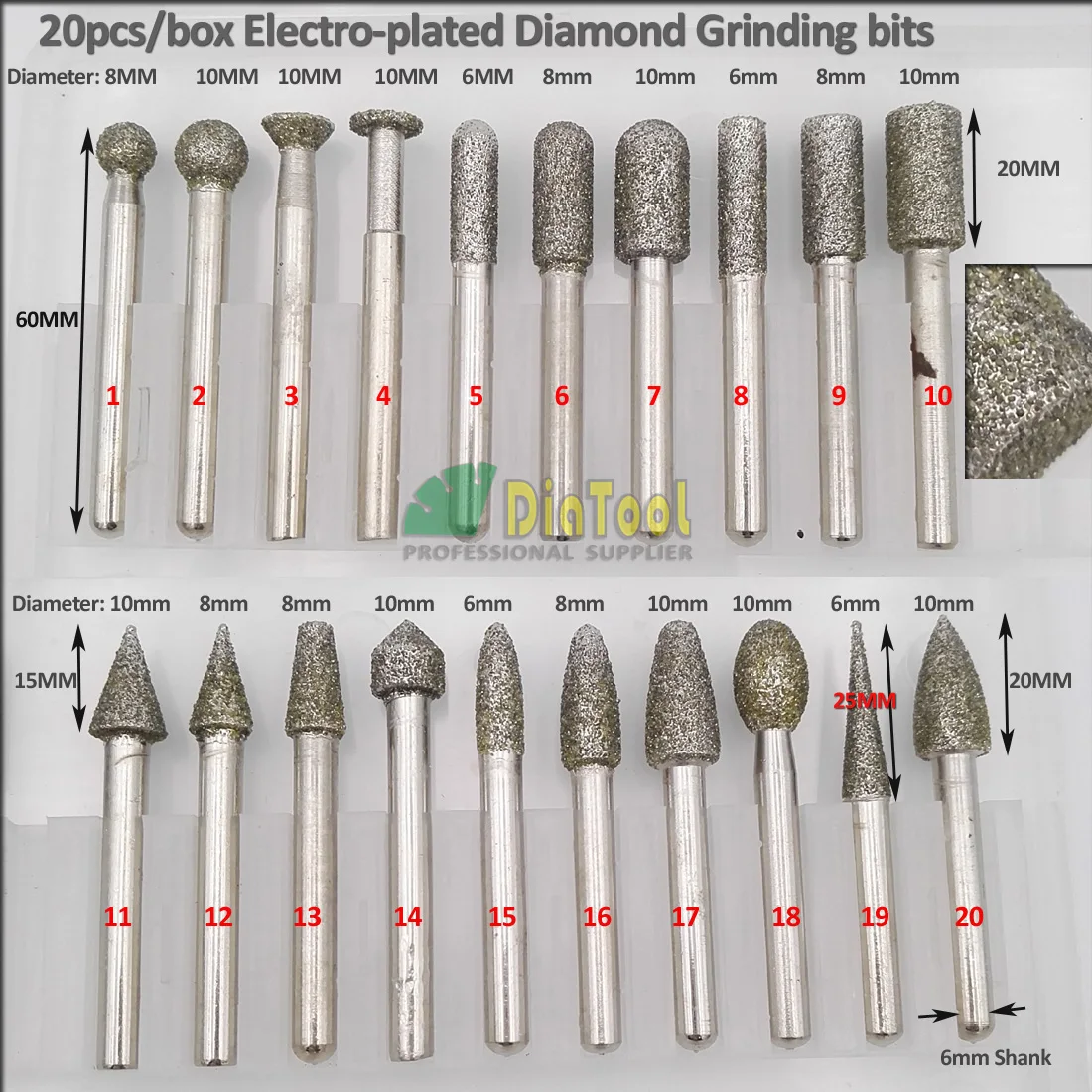 DIATOOL 20pcs Electroplated Diamond Grinding Heads #46 Mounted Points Rotary Engraving Tool