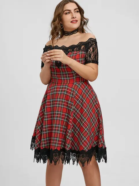 Plaid Off The Shoulder Lace Insert Scalloped Party Dress Robe Female