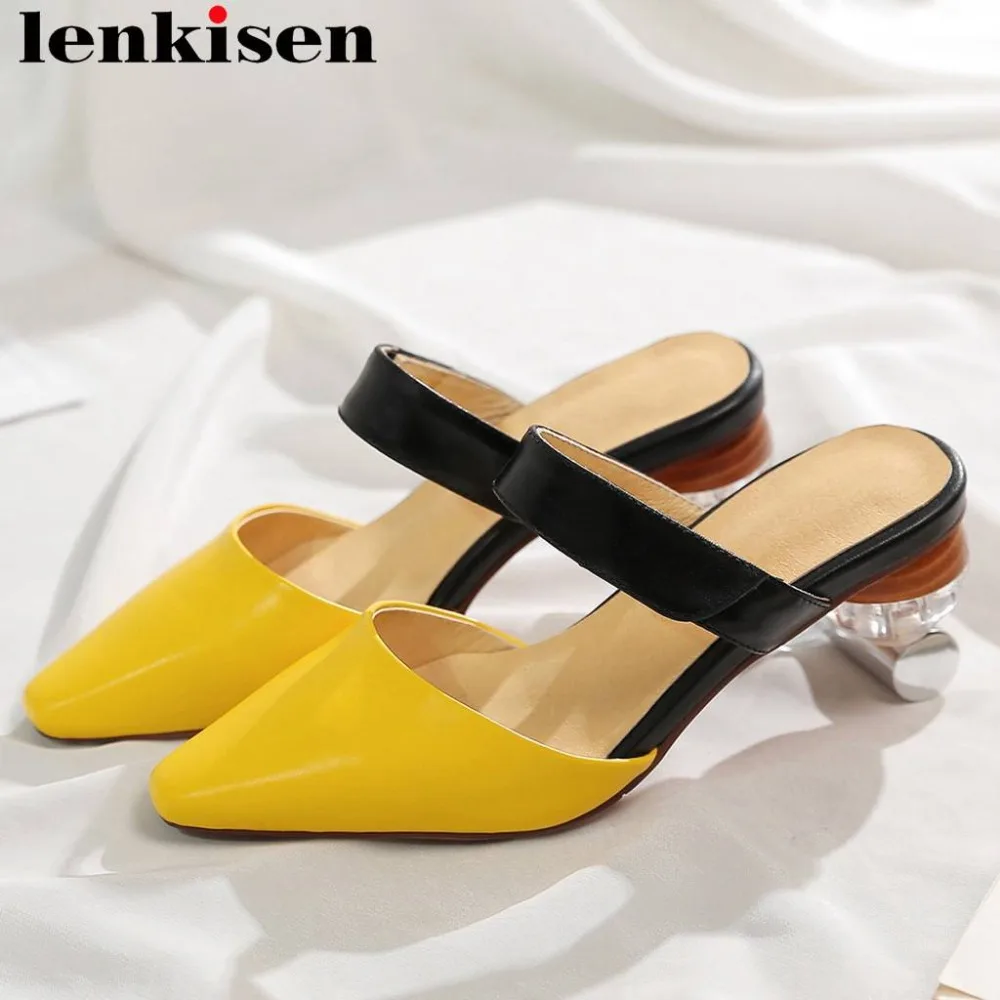 

Lenkisenn superstar art design slip on mules med heels mixed colors square toe plus size pumps genuine leather casual shoes L7f5