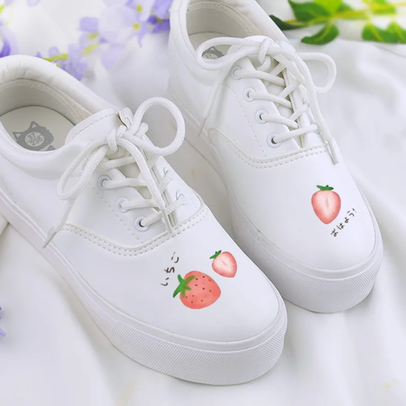 

Sweet Fruit Hand Painted Shoes Women's White Shoes 2018 Autumn Lace up Platform Sneakers Ladies Trainers
